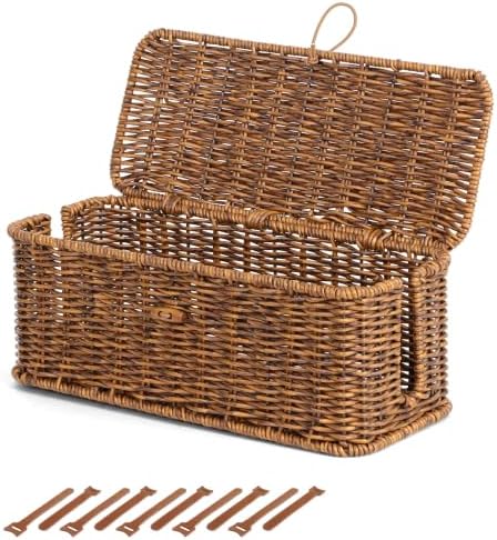 Cable Management Box, Cord Organizer with Lid & Cable Ties - Brown, M by BROWNLILY