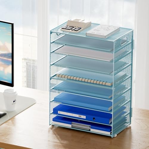 Marbrasse Paper Organizer Letter Tray, 9 Tier Mesh File Organizer with Handle, Paper Sorter Desk Organizer for Home Office Supplies - Blue - Image 6