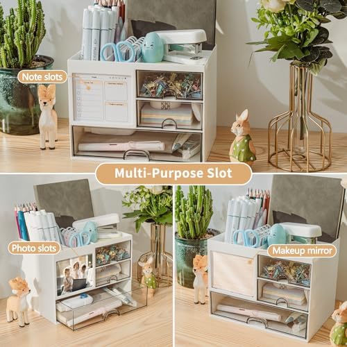 Desk Organizer with 3 Drawer, Multi-Functional Pencil Pen Holder for Desk, Desk Organizers and Storage with 8 Compartments, Desktop Organizer for Office Home Art Supplies (White) - Image 4