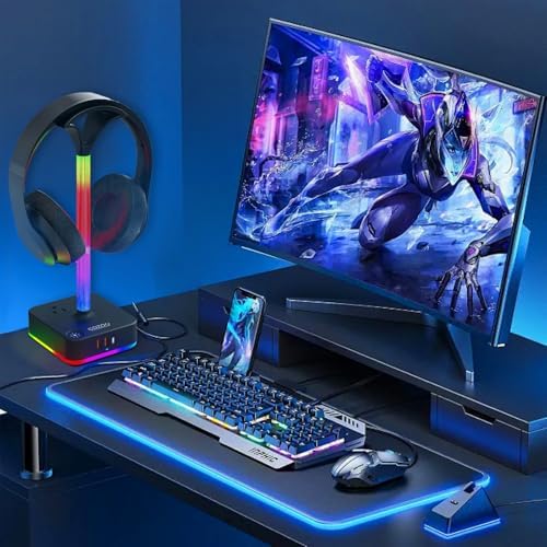 Headphone Stand with Charger, USB C, Gifts for Gamers Men, RGB Black - Image 7