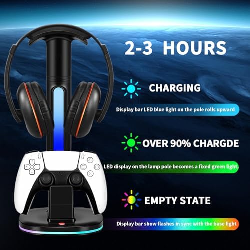 PS5 Controller Charging Dock with RGB Headphone Stand | 2-in-1 Dual USB Fast Charging Station for PS5 Controllers | RGB LED Gaming Headset Stand & Multi-Functional Gaming Accessories - Image 3