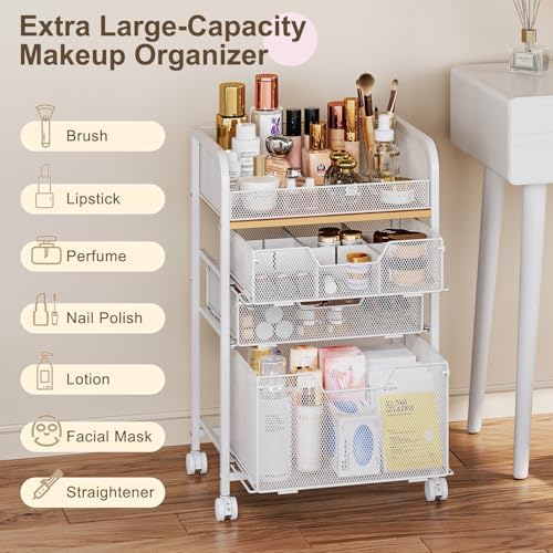 Makeup Organizer Cart with Drawers, Floor Skincare Organizers Make Up Organizers Vanity Organizer Cosmetic Display Cases Holder for Skin Care Perfume Nail Polish Brush Hair Tool, White - Image 6