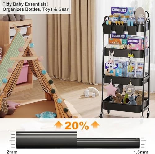 Black 4 Tier Rolling Cart Metal with Lockable Wheels,Four Tiered Dorm Carts - Image 5