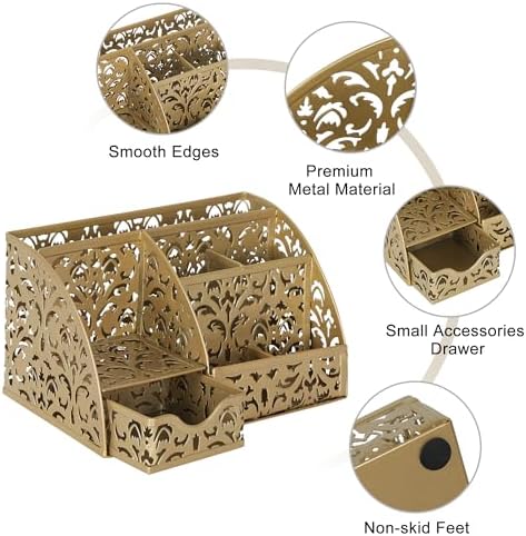 EasyPAG Desk Organizer and Pen Holder for Desk, Mesh Office Supplies Storage Caddy with Drawer for Small Space, Desktop Organizer for Home Office, Gold - Image 3
