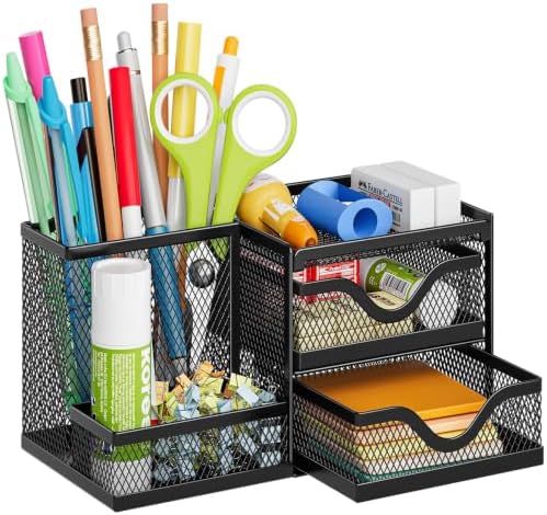 Marbrasse Mesh Pen Holder with 2 Drawers, Multi-Functional Pencil Organizer for Desk, Desk Organizers and Accessories with 3 Compartments + 2 Drawers for Office Art Supplies (Black) by Marbrasse