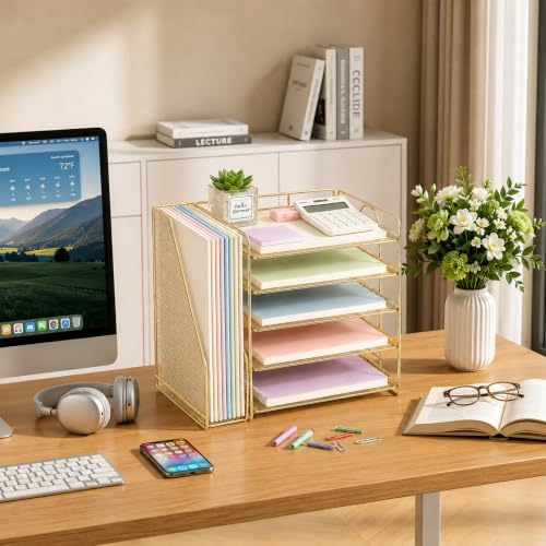 Desk Organizer, 5-Tier Paper Organizer Letter Tray, Gold - Image 6
