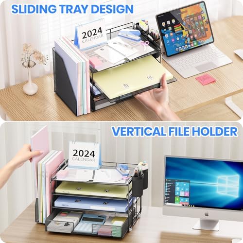 Desk Organizer, 4-Tier Desktop File Organizer with Drawer and Pen Holders, Office Desk Accessories, File Sorters, Workspace Organizers for Office Supplies(Black) - Image 5