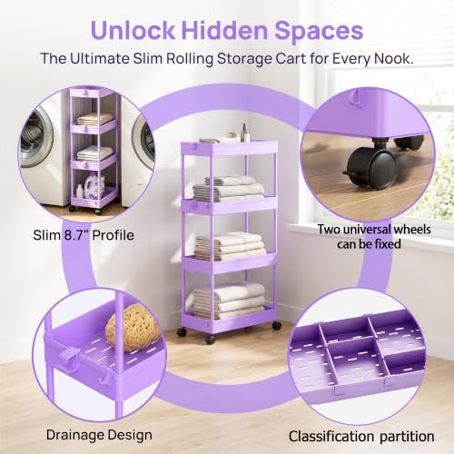 4 Tier Rolling Cart with Wheels, Storage Craft Art Trolley Organizer Serving, 3 Hanging Baskets Easy Assembly, for Office, Living Room, Kitchen - Image 4