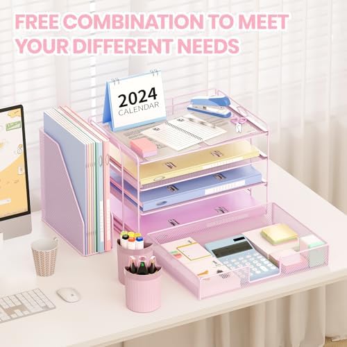 Desk Organizer, 4-Tier Desktop File Organizer with Drawer and Pen Holders, Office Desk Accessories, File Sorters, Workspace Organizers for Office Supplies(Pink) - Image 4