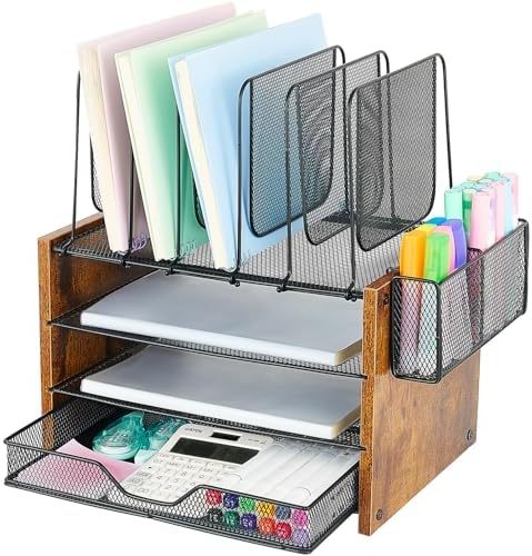 Desk Organizer, 4-Tier Desktop File Organizer with Drawer and Pen Holders, Office Desk Accessories, File Sorters, Workspace Organizers for Office Supplies(Brown) by OPNICE
