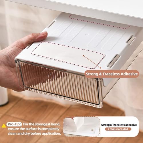 2Pcs Under Desk Storage Drawers Slide Out,Large&Medium,Stick On Drawers,Under Desk Organizer Hidden Under Table Drawer for Home Office School Organization and Storage-Clear White - Image 2