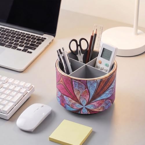 Round Leather Art Supply Organizer,Remote Control Holder,360 Degree Spinning,Multi-Functional Pencil Holder,4 Compartments Desktop Stationary Organizer(1-Fractal Flower2) - Image 6