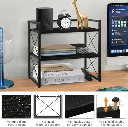 Desktop Shelf Organizer, 2 Tier Office Shelves, Wood Desk Organizer Storage Rack and Freestanding Display Shelf for Office, Dormitory, Home(Black) - Image 4