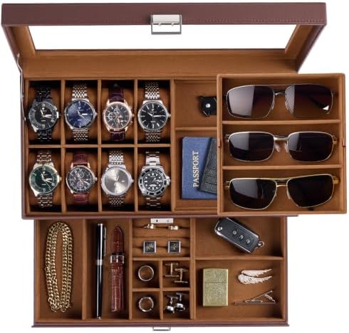 ProCase Mens Jewelry Box, Lockable 8 Slot Watch Case & 3 Slot Sunglasses Organizer, 2-layer Mens Jewelry Organizer Watch Box for Men, Watches Holder Display Storage, Fathers Day Gift -Brown by ProCase