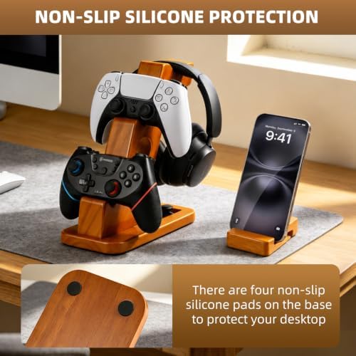 DEQIANG Solid Wood Headphone Stand with Dual Controller Holder (Set) - Image 6