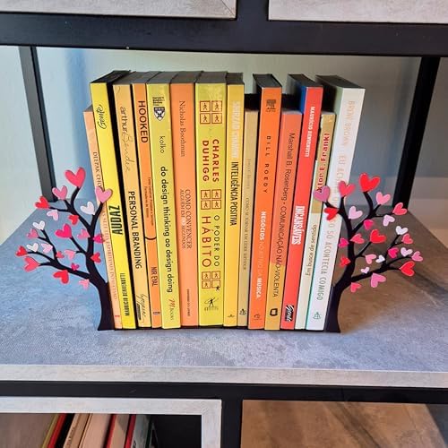 Tree Bookends with Heart-Shaped Leaves - Steel with Epoxy Coating and Wood Base - Decorative Pair of Book Holders for Shelves and Desk - Black with Red and Pink Accents – Geguton - Image 7