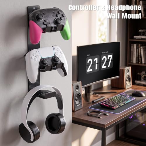 ZYTHRONE Dual Controller Holder Wall Mount, Metal Headset Stand for PS5, PS4, with Adhesive or Screws, Strong Adhesive by Screws, Black - Image 7