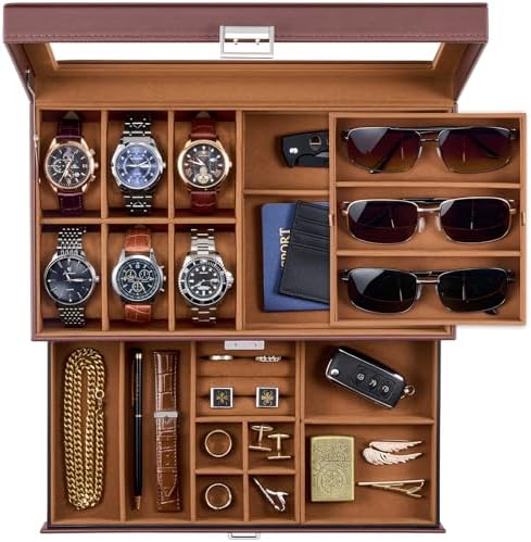 ProCase Mens Jewelry Box, 6 Slot Watch Box & 3 Slot Sunglass Holder -Brown by ProCase