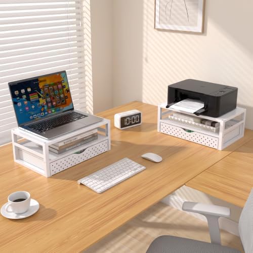 WALI Desk Organizer with Drawer，Computer Monitor Stand with Storage, Desk Organizers and Accessories for Computer, Printer, Laptop Riser for Home Office Supplies, (PTT005-W), 1 Pack, White - Image 3