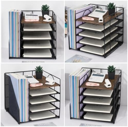 Desk Organizers and Accessories, 5-Tier Paper Letter Tray Organizer with File Holder, Desktop Organizer for Office Supplies (Wood) - Image 6
