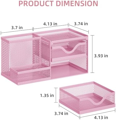 Marbrasse Mesh Pen Holder with 2 Drawers, Multi-Functional Pencil Organizer for Desk, Desk Organizers and Accessories with 3 Compartments + 2 Drawers for Office Art Supplies (Pink) - Image 3