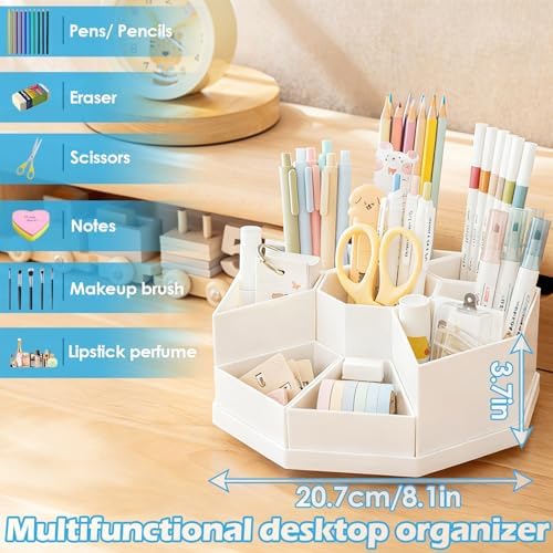 360 Degree Rotating Desk Organizer Caddy with 9 Compartments, Large Capacity Detachable Pencil Holder for Desk, Multifunctional Desktop Storage for Office, School, Home, Dressing Table, White - Image 3