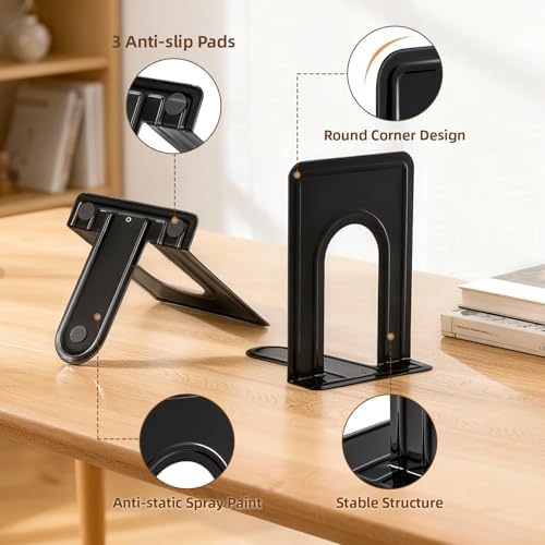 3 Pairs Book Ends, Heavy Duty Bookends for Shelves, Black - Image 3