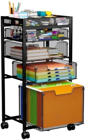 Rolling File Cart with 4 Storage Drawers, Under Desk Organizer with DIY Divider, Moblie Filing Cabinet on Wheels, Fits A4/Letter Size, Metal Utility Cart for Home Office, Black by JKsmart