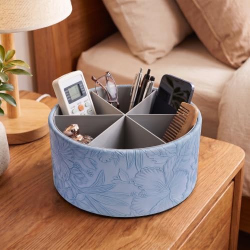 Remote Control Holder, 360°Spinning PU Leather Desk TV Remote Caddy,Desk Storage Box Room Accessories for Controller, Media,Mail,Calculator, Mobile Phone,Pencil(1B-Carved1 Blue2) - Image 7