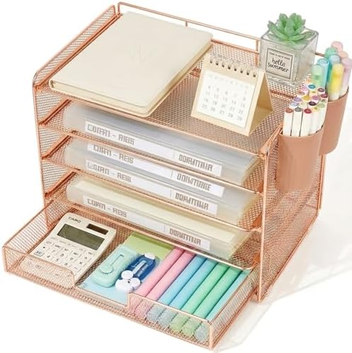 Desk Organizer and Accessories, 5-Tier Paper Letter Tray Organizer with Drawer & 2 Pen Holders for Desktop File Organization, Office Desk Accessories for Supplies Storage (Rose Gold) by Stylishworkspaceeffortlessorganization