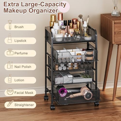 Makeup Cart Organizer with 4 Drawers, Vanity Storage Organizer, Large Floor Skincare Organizers Cosmetics Display Cases for Skin Care Perfume Nail Polish, Black - Image 7