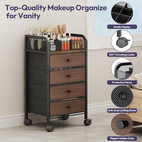 Rolling Makeup Organizer Cart - 14.96″*11.81″*27.55″ Widened Under Desk Vanity Storage with 4 Non-woven Drawers, Cosmetic Display Cases for Skin Care Perfume Nail Polish Brush Hair Tool Black - Image 5
