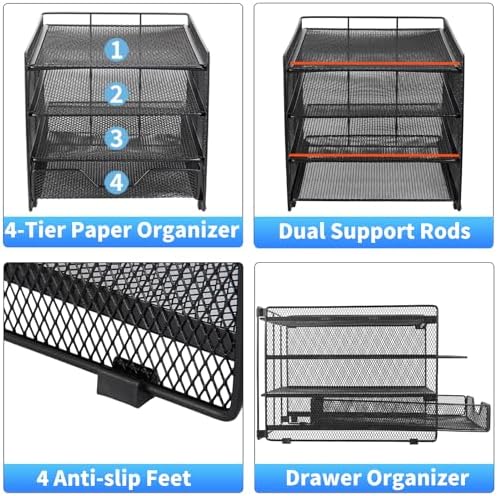 Desk Organizer, 4-Tier Desktop File Organizer with Drawer, Office Desk Accessories, File Sorters, Workspace Organizers for Office Supplies(Black Upgraded) - Image 6