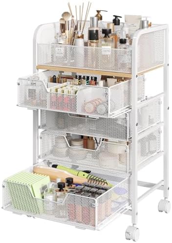 Makeup Cart Organizer with 4 Drawers, Rolling Makeup Cart, White by Hongtamoya