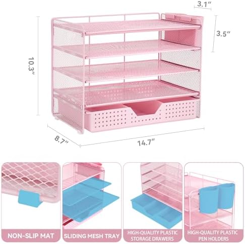 Desk Organizers and Accessories, 5-Tier Paper Letter Tray Organizer with Drawer & 2 Pen Holders, Desktop Organizer for Office Supplies (Pink) - Image 2