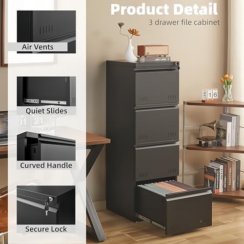 Metal File Cabinet with Lock, Vertical 4 Drawer File Cabinets for Home Office, Heavy Duty Office Storage Cabinet for A4/Letter/Legal Size, Assembly Required(Black) - Image 4