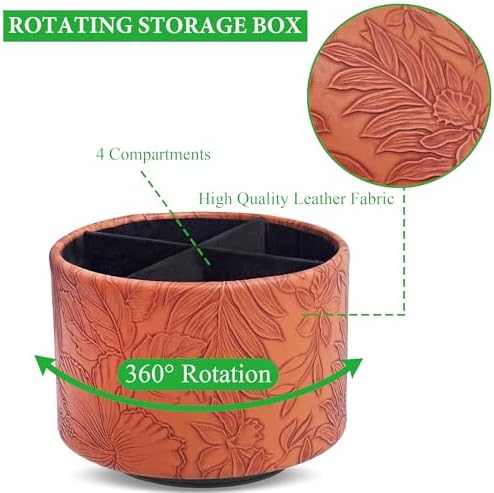 Round Leather Art Supply Organizer,Remote Control Holder,360 Degree Spinning,Multi-Functional Pencil Holder,4 Compartments Desktop Stationary Organizer(1-Carved Brown) - Image 3
