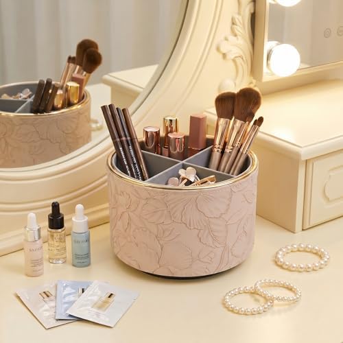 Round Leather Art Supply Organizer,Remote Control Holder,360 Degree Spinning,Multi-Functional Pencil Holder,4 Compartments Desktop Stationary Organizer(1-Golden Apricot) - Image 7