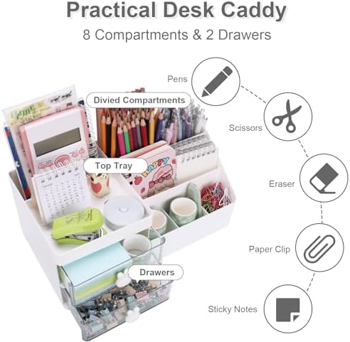 Desk Organizer, Makeup Organizer with 2 Drawer, 7 Compartment & a Top Tray, Desktop Organizers and Storage for Women, Cute Home organization Bathroom, 11" x 5.7" x 4.7" (White) - Image 3