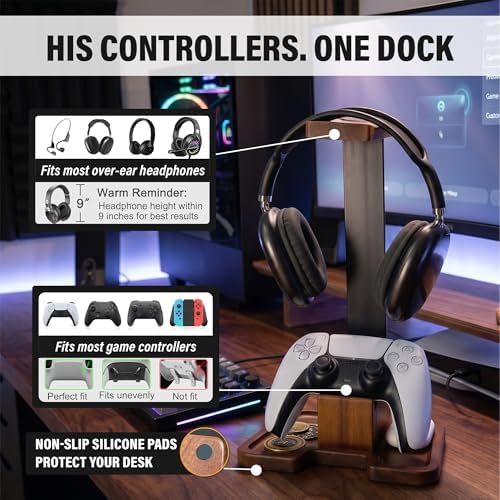 Gaming Equipment Headset Stand with Game Controller Holder & Storage Base, Stylish Gamer Gifts for Men Teenage Boy Headphone Stand, Unique Gifts for Gamers to Organize Gaming Accessories (Brown Wood) - Image 5