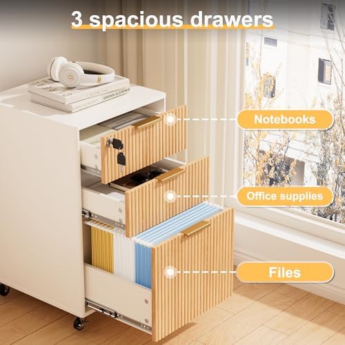 3 Drawers Fluted Mobile File Cabinet with Lock, Rolling File Cabinet Printer Stand Table, Under Desk Wooden Filing Cabinets for Home Office Essentials Storage Organization Furniture Letters/A4(Oak) - Image 4