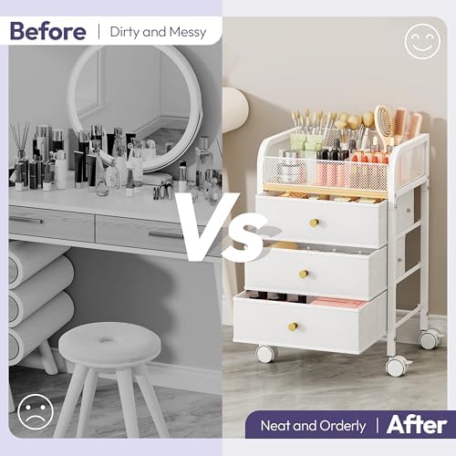 Rolling Makeup Organizer Cart - 14.96″*11.81″*23.03″ Widened Under Desk Vanity Storage with 3 Non-woven Drawers, Cosmetic Display Cases for Skin Care Perfume Nail Polish Brush Hair Tool White - Image 3