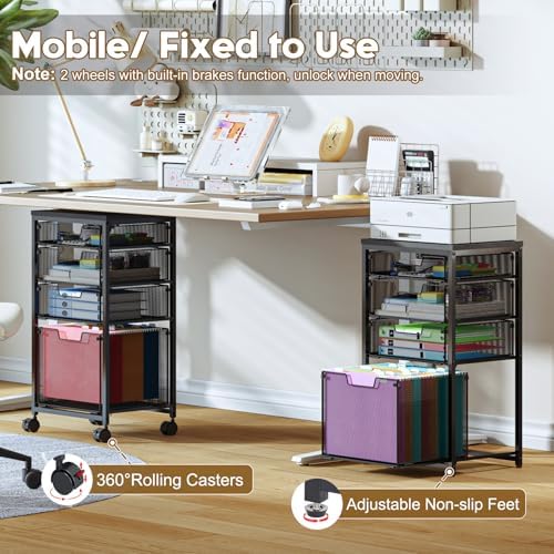 Rolling File Cart with 4 Storage Drawers, Mobile File Cabinet with Wheels, Hanging File Organizer, Under Desk Printer Stand Utility Cart Filing Cabinet for Home Office, Black - Image 4