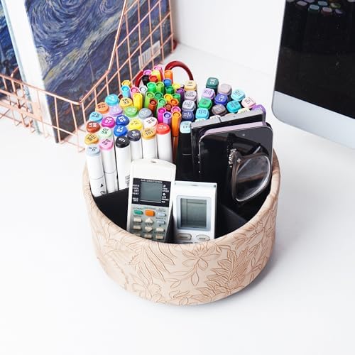 Remote Control Holder, 360°Spinning PU Leather Desk TV Remote Caddy,Desk Storage Box Room Accessories for Controller, Media,Mail,Calculator, Mobile Phone,Pencil(1-Carved Light Brown) - Image 6
