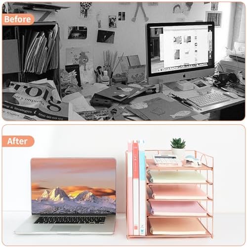 Desk Organizers and Accessories, 5-Tier Paper Letter Tray Organizer with File Holder, Desktop Organizer for Office Supplies (Rose Gold) - Image 2