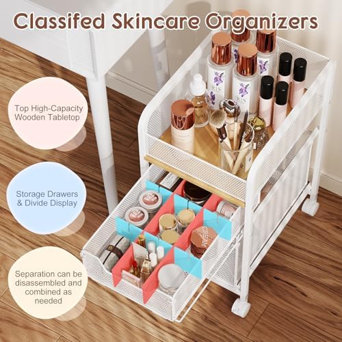 Rolling Makeup Cart Organizer with 2 Drawers, Under Desk Storage - Image 4