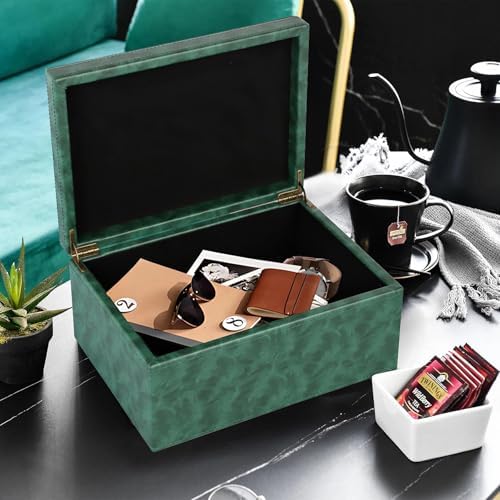 HofferRuffer Faux Leather Decorative Box, Large Wooden Structure Keepsake Box Accessory Organizer Jewelry Organizer with Hinged Lid, Storage Container for Home or Office (Dark Green) - Image 4