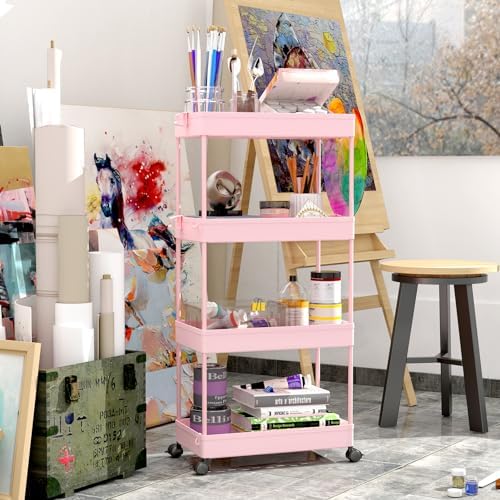 4 Tier Rolling Cart with Wheels, Storage Craft Art Trolley Organizer Serving, 3 Hanging Baskets Easy Assembly, for Office, Living Room, Kitchen - Image 5