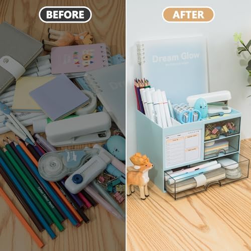 Desk Organizer with 3 Drawer, Multi-Functional Pencil Pen Holder for Desk, Desk Organizers and Storage with 8 Compartments, Desktop Organizer for Office Home Art Supplies (Blue) - Image 3
