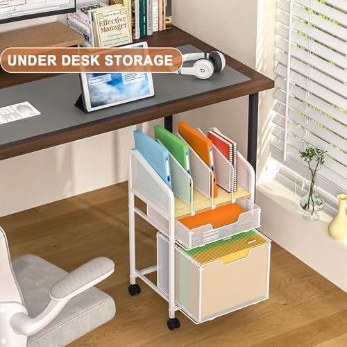 Rolling File Cabinet with Adjustable Dividers, Mobile Filing Cabinet with 2 Storage Drawers on Lockable Wheels, Hanging File Organizer Beside Under Desk for Office, Home, White（Patent Pending） - Image 5